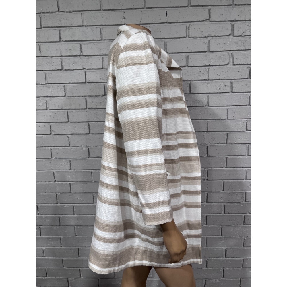 Chico's Striped Open Front Jacket Tan White Textured 3/4 Sleeve Size 1 Medium - Picture 3 of 7